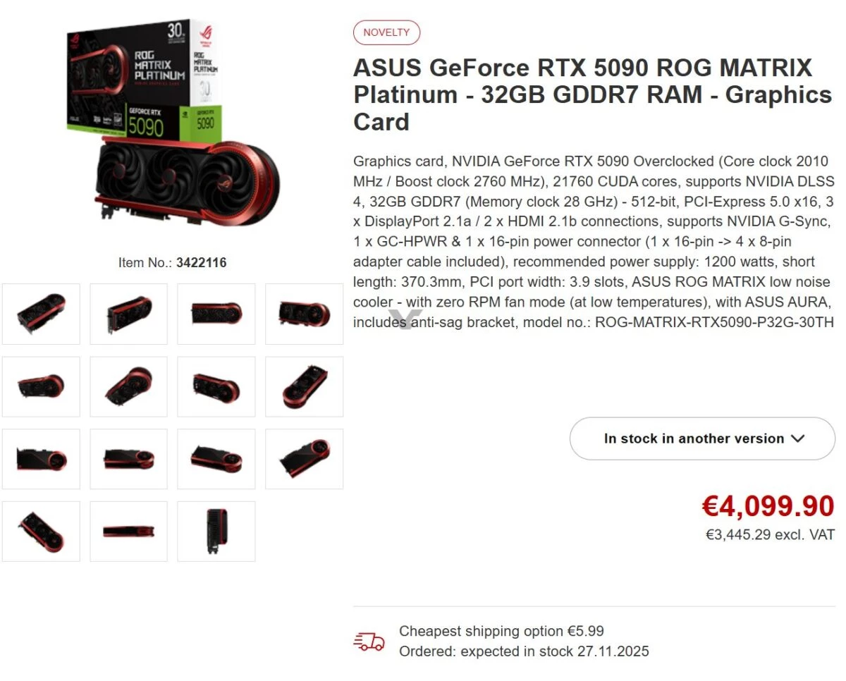 Выход флагманской ASUS ROG Matrix Platinum RTX 5090 отложен до конца ноября, цена — €4099 Выход флагманской ASUS ROG Matrix Platinum RTX 5090 отложен до конца ноября, цена — €4099