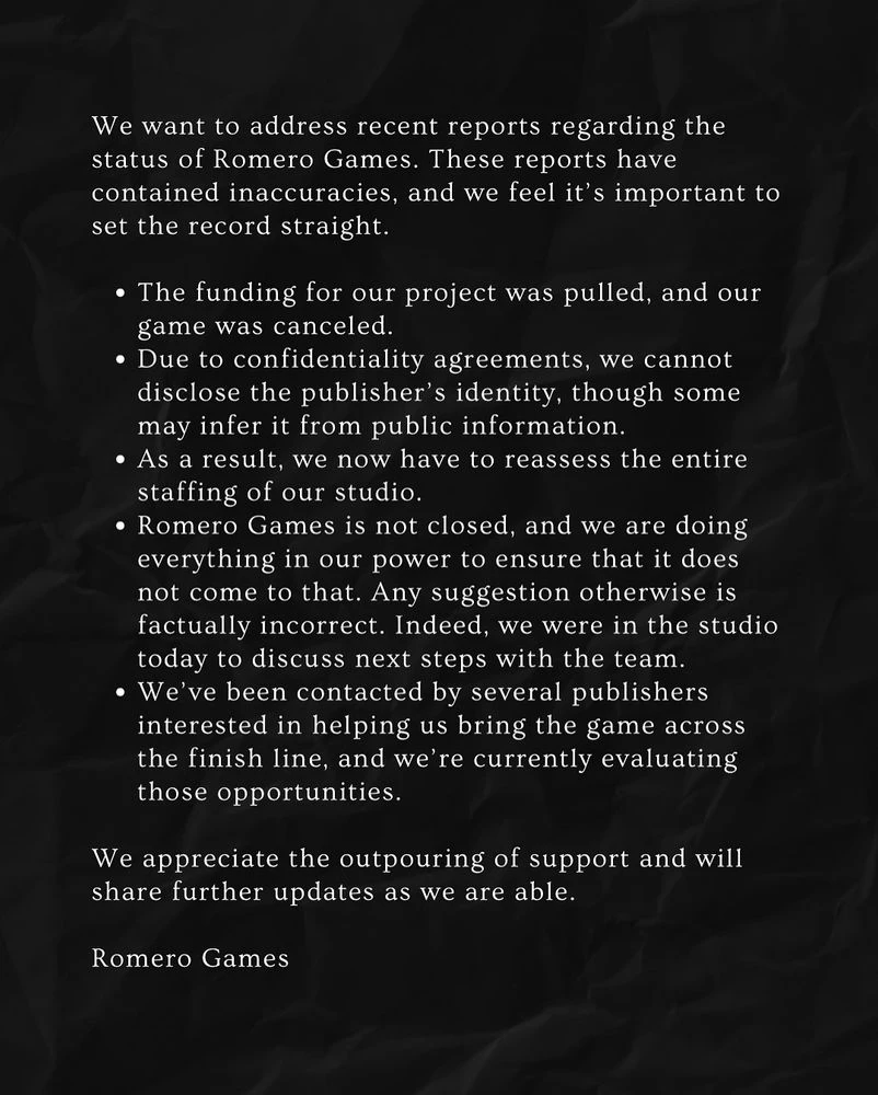 Студия Romero Games опровергла слухи о закрытии Студия Romero Games опровергла слухи о закрытии
