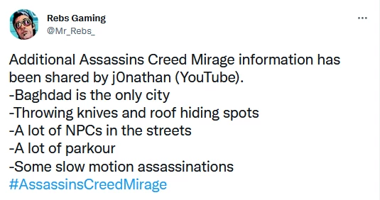 В Сети появились новые подробности по Assassin's Creed Mirage В Сети появились новые подробности по Assassin's Creed Mirage