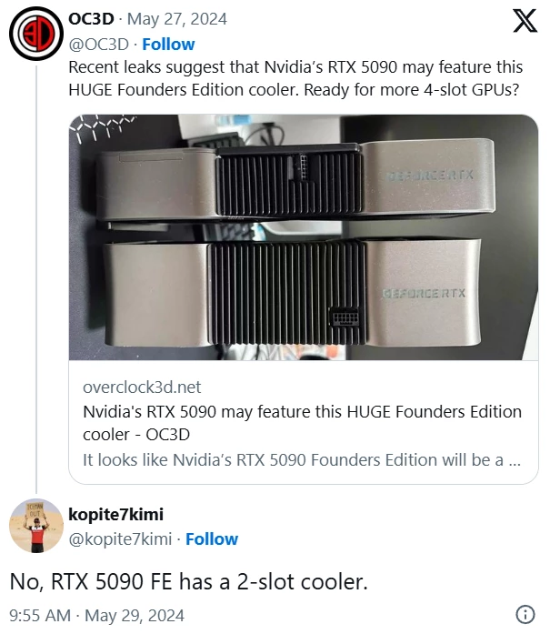 RTX 5090 FE может оказаться на удивление компактной RTX 5090 FE может оказаться на удивление компактной