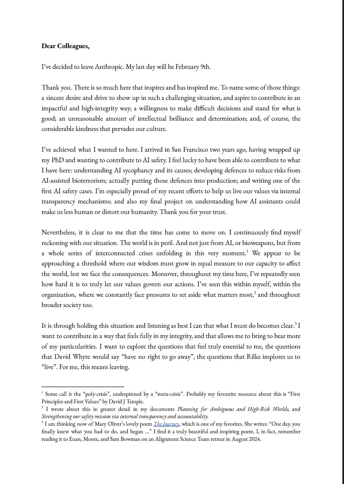 Один из менеджеров Anthropic, ответственный за безопасность разработки ИИ, опубликовал поэтическое письмо и покинул компанию