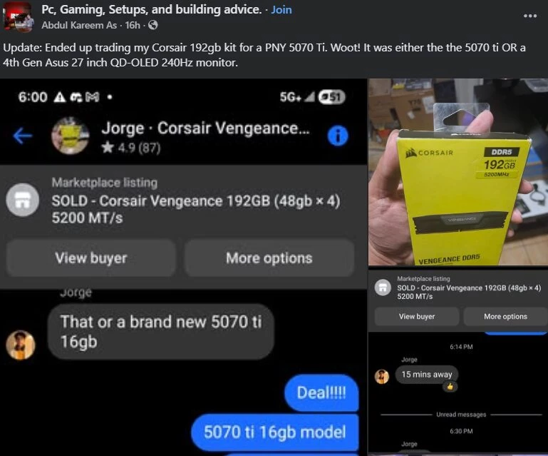 Энтузиаст обменял 192 ГБ оперативной памяти на GeForce RTX 5070 Ti — крайне невыгодная сделка Энтузиаст обменял 192 ГБ оперативной памяти на GeForce RTX 5070 Ti — крайне невыгодная сделка