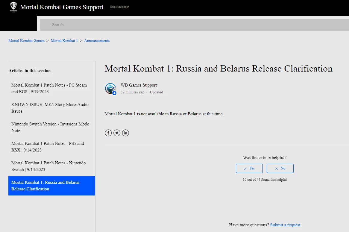 Сейчас Mortal Kombat 1 недоступна в России и Беларуси Сейчас Mortal Kombat 1 недоступна в России и Беларуси