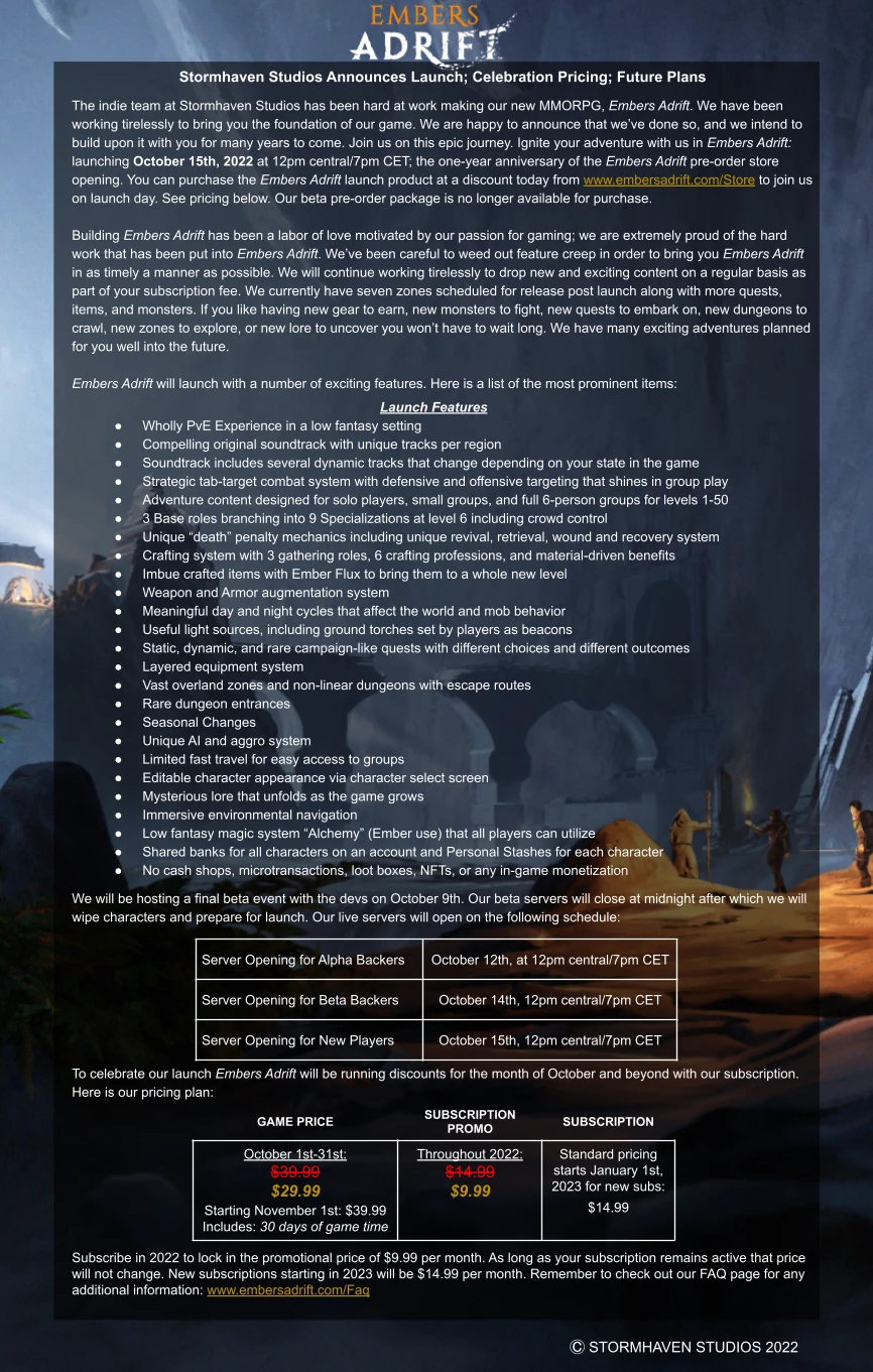 MMORPG Embers Adrift получила дату релиза. Также известны цены на саму игру и подписку MMORPG Embers Adrift получила дату релиза. Также известны цены на саму игру и подписку