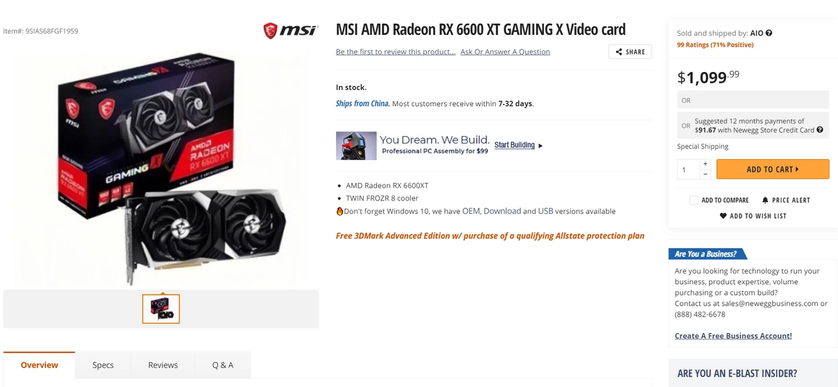 Перекупщики уже продают MSI Radeon RX 6600 XT по $1099 Перекупщики уже продают MSI Radeon RX 6600 XT по $1099