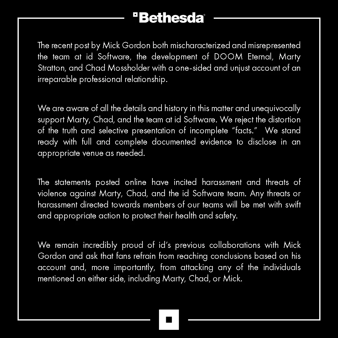 Bethesda ответила на слова Мика Гордона о проблемах с музыкой DOOM Eternal Bethesda ответила на слова Мика Гордона о проблемах с музыкой DOOM Eternal