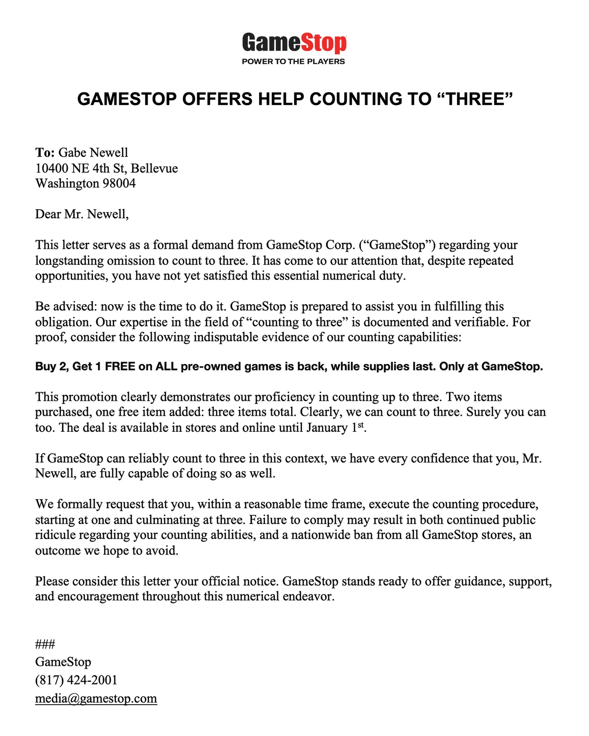 Сеть GameStop троллит святого Габена из-за его неумения считать до трех