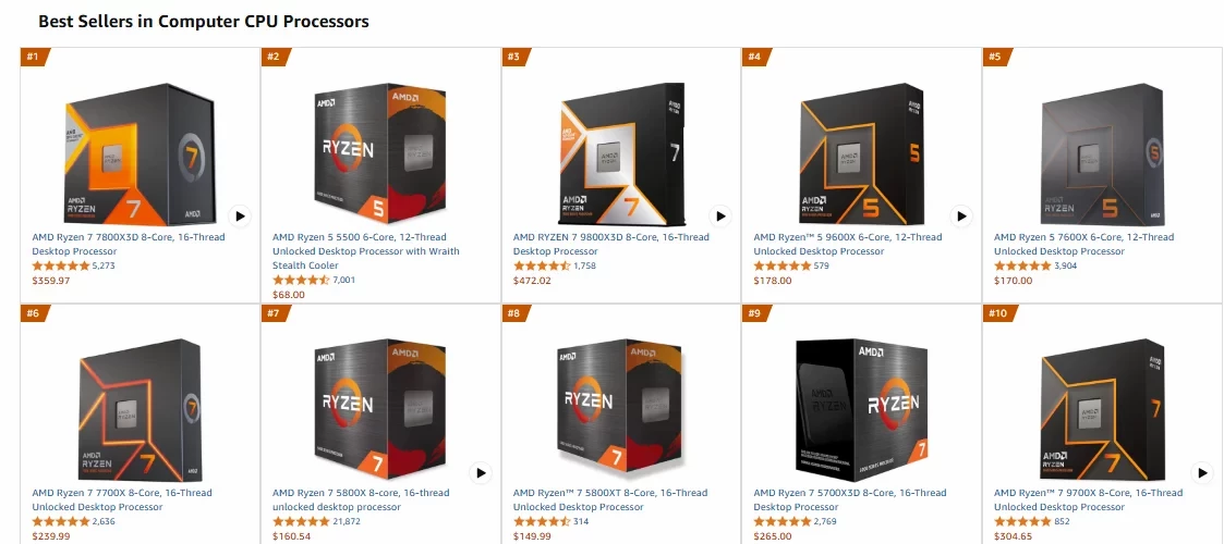 Intel, что с лицом? Вся десятка самых популярных ЦП на Amazon принадлежит AMD