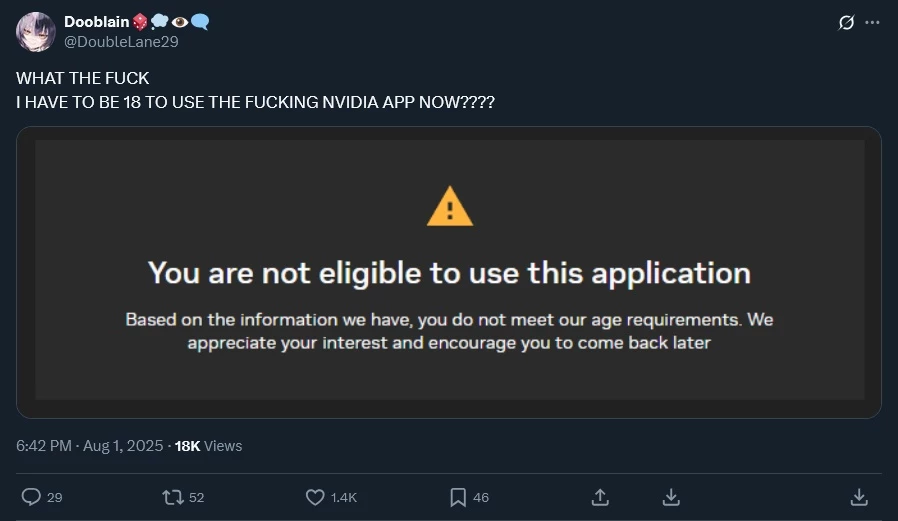 NVIDIA App — приложение для взрослых. Лицам младше 18 в Великобритании теперь нельзя им пользоваться NVIDIA App — приложение для взрослых. Лицам младше 18 в Великобритании теперь нельзя им пользоваться