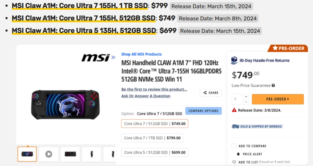 MSI CLAW поступит в продажу 8 марта в США MSI CLAW поступит в продажу 8 марта в США