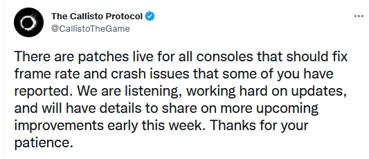 Разработчики The Callisto Protocol расскажут о грядущих улучшениях игры в ближайшие дни Разработчики The Callisto Protocol расскажут о грядущих улучшениях игры в ближайшие дни