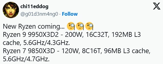 AMD готовит монстров: Ryzen 9 9950X3D2 с двумя 3D V-Cache чиплетами и Ryzen 7 9850X3D с частотой 5.6 ГГц