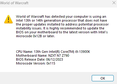 В MMORPG World of Warcraft появилось предупреждение для пользователей с процессорами Intel 13 и 14 поколения. В MMORPG World of Warcraft появилось предупреждение для пользователей с процессорами Intel 13 и 14 поколения.