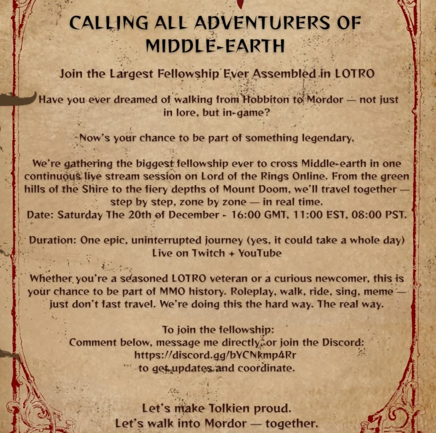 По заветам «Брийских музыкантов»: ролеплейщики Lord of the Rings Online зовут всех на пешую прогулку от Шира до Ородруина По заветам «Брийских музыкантов»: ролеплейщики Lord of the Rings Online зовут всех на пешую прогулку от Шира до Ородруина