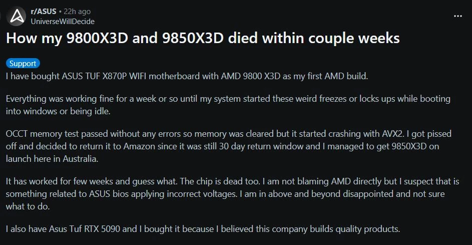 Зафиксирован первый случай проблем с AMD Ryzen 9850X3D Зафиксирован первый случай проблем с AMD Ryzen 9850X3D