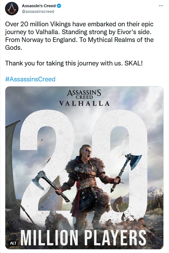 Почти за два года в Assassin's Creed Valhalla сыграло более 20 миллионов человек Почти за два года в Assassin's Creed Valhalla сыграло более 20 миллионов человек