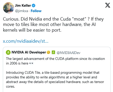 Джим Келлер: Обновление NVIDIA CUDA может «убить» монополию CUDA Джим Келлер: Обновление NVIDIA CUDA может «убить» монополию CUDA