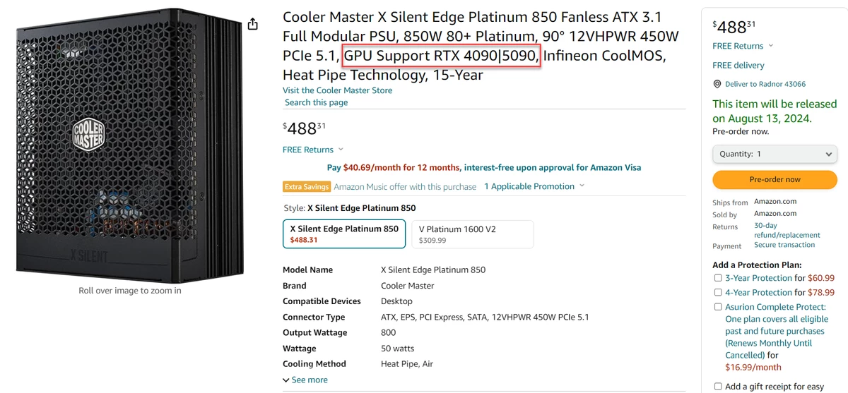 Блока питания на 850 Вт хватит для RTX 5090 — так заявили Cooler Master Блока питания на 850 Вт хватит для RTX 5090 — так заявили Cooler Master