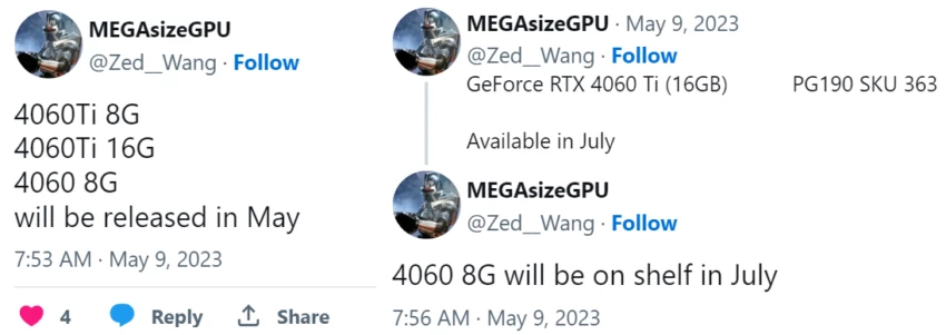 У RTX 4060 Ti будет версия на 16 Гб, но после версии на 8 Гб У RTX 4060 Ti будет версия на 16 Гб, но после версии на 8 Гб