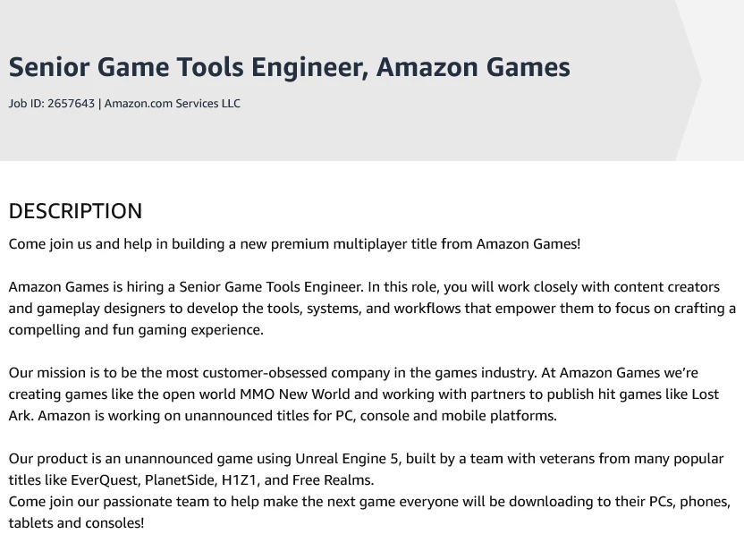 Amazon работает над неанонсированной игрой на UE5 с ветеранами EverQuest, PlanetSide и H1Z1 Amazon работает над неанонсированной игрой на UE5 с ветеранами EverQuest, PlanetSide и H1Z1