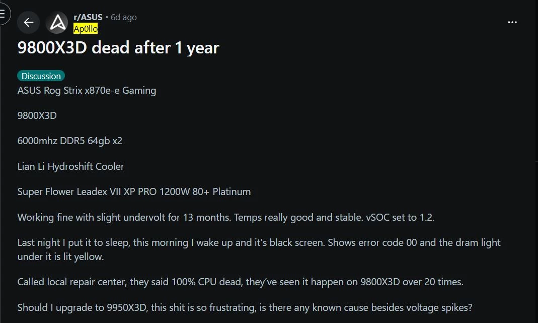 Еще два Ryzen 7 9800X3D погибли в лапах сокета AM5 на материнских платах ASUS