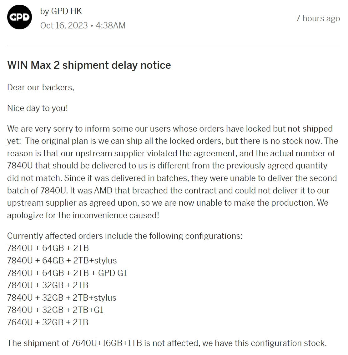 GPD обвиняет AMD в нарушении условий контракта поставки Ryzen 7 7840U GPD обвиняет AMD в нарушении условий контракта поставки Ryzen 7 7840U