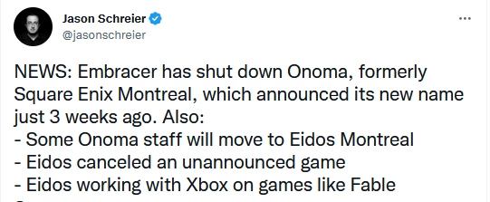 Шрайер: Embracer закрыла студию Onoma, бывшую Square Enix Montreal Шрайер: Embracer закрыла студию Onoma, бывшую Square Enix Montreal