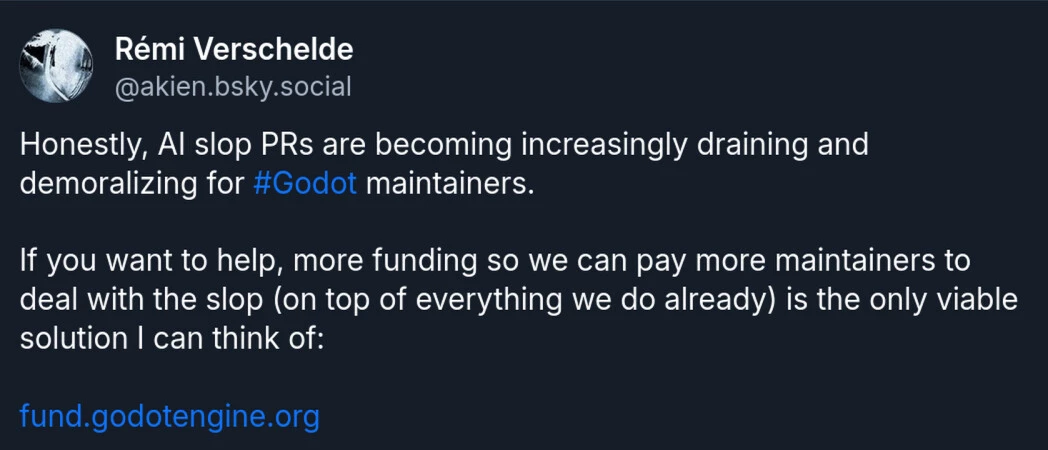 Разработчики Godot жалуются на наплыв ИИ-помоев в коде Разработчики Godot жалуются на наплыв ИИ-помоев в коде