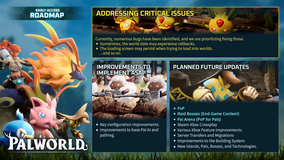 Дорожная карта Palworld: баги, ИИ, PvP, арены для палов, рейд-боссы и кроссплей между Steam и Xbox Дорожная карта Palworld: баги, ИИ, PvP, арены для палов, рейд-боссы и кроссплей между Steam и Xbox