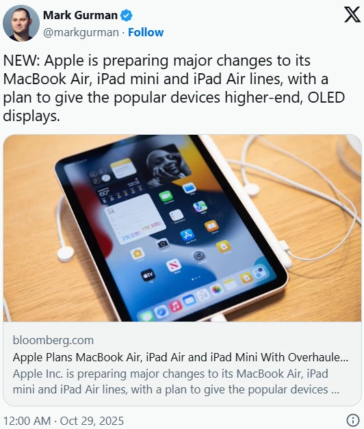 Apple планирует оснастить MacBook Air, iPad Air и iPad mini OLED-дисплеями и добавить водонепроницаемость последним