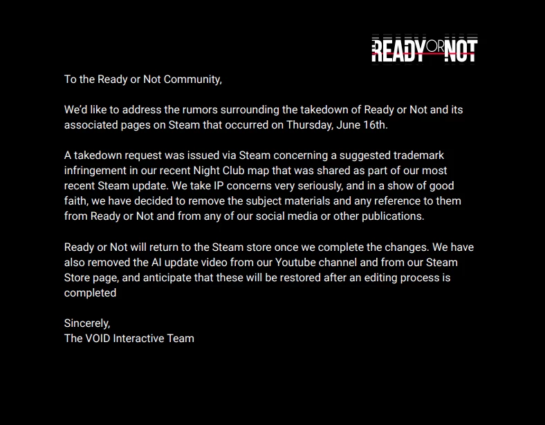 Шутер Ready or Not вернулся в Steam — причиной удаления игры было нарушение прав на товарный знак Шутер Ready or Not вернулся в Steam — причиной удаления игры было нарушение прав на товарный знак