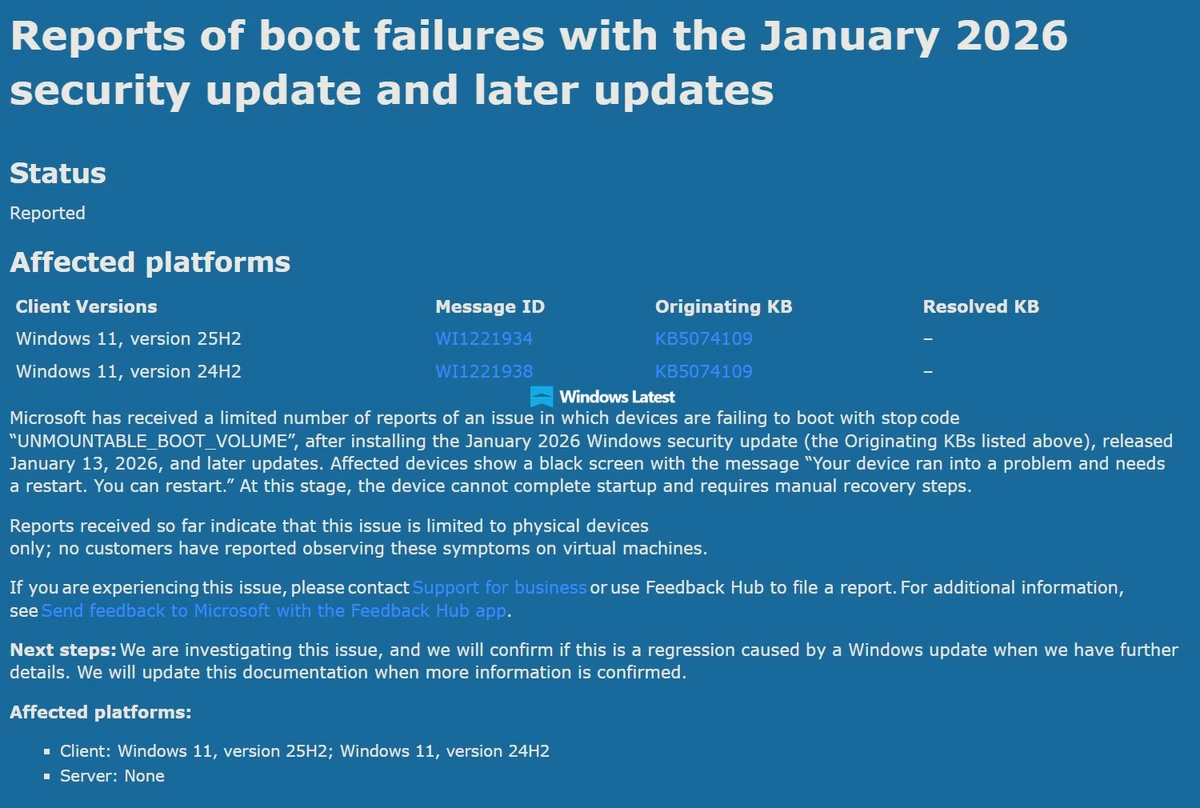 ПК на Windows 11 25H2/24H2 под угрозой синего экрана смерти вместо загрузки после KB5074109 от 13 января