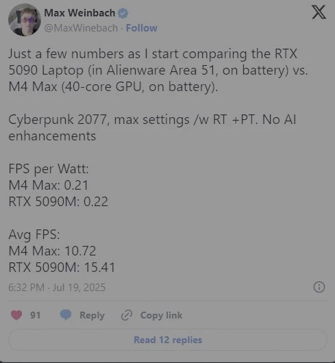 Apple M4 Max всухую проигрывает мобильной RTX 5090 при работе от батареи Apple M4 Max всухую проигрывает мобильной RTX 5090 при работе от батареи