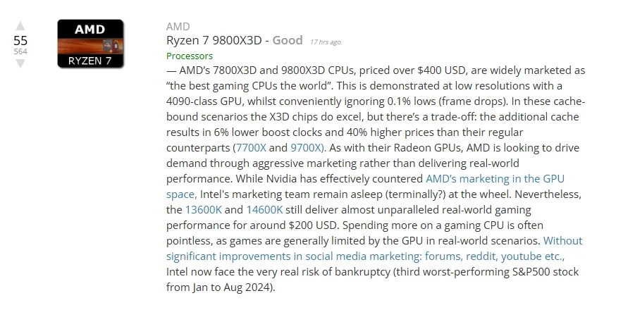 Нестабильный i5-13600K лучше, чем Ryzen 9800X3D — так заявили фанатики из UserBenchmark Нестабильный i5-13600K лучше, чем Ryzen 9800X3D — так заявили фанатики из UserBenchmark