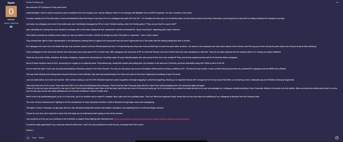 Скандал в Rockstar Games — сотрудник заявляет о массовом увольнении 250+ человек в качестве мести за профсоюз