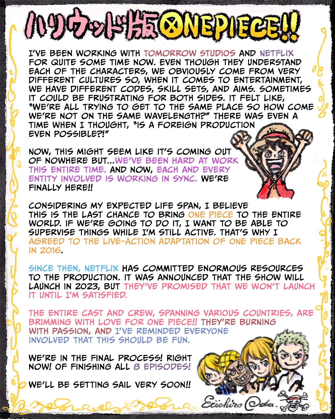 Ода Эйичиро про One Piece от Netflix: «они пообещали, что мы не запустим его, пока я не буду доволен» Ода Эйичиро про One Piece от Netflix: «они пообещали, что мы не запустим его, пока я не буду доволен»