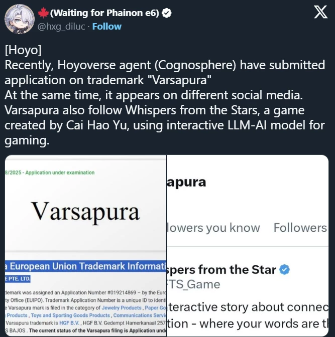 HoYoverse регистрирует товарный знак Varsapura, вызывая слухи об ИИ-игре HoYoverse регистрирует товарный знак Varsapura, вызывая слухи об ИИ-игре
