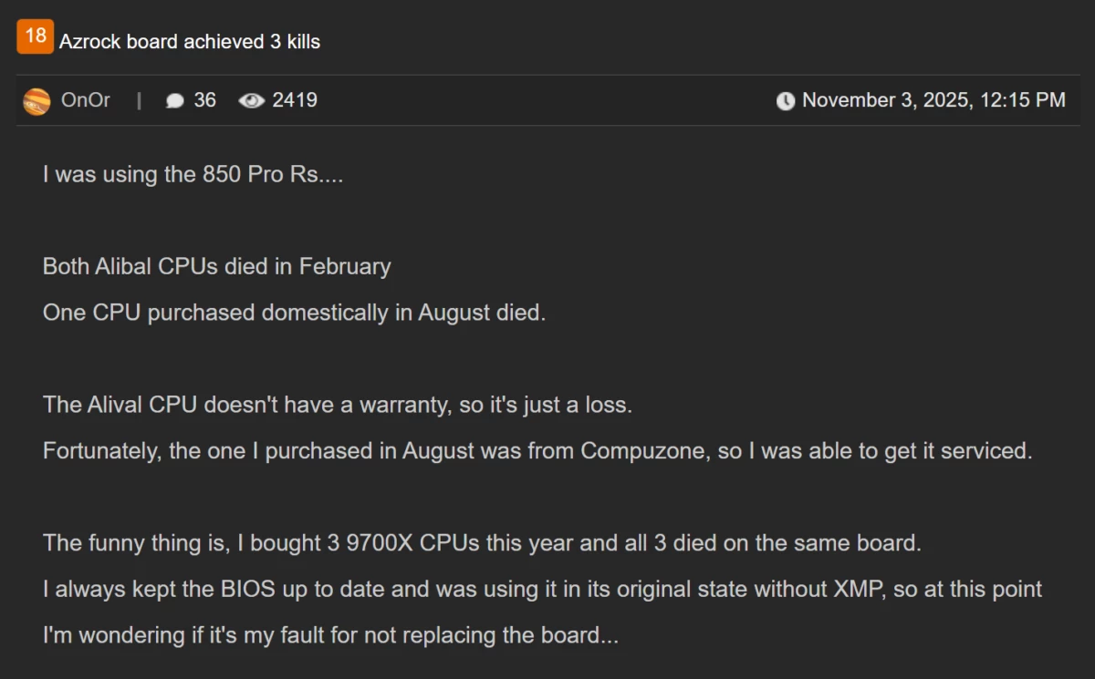 Материнская плата ASRock B850 обвиняется в убийстве трех процессоров Ryzen 7 9700X