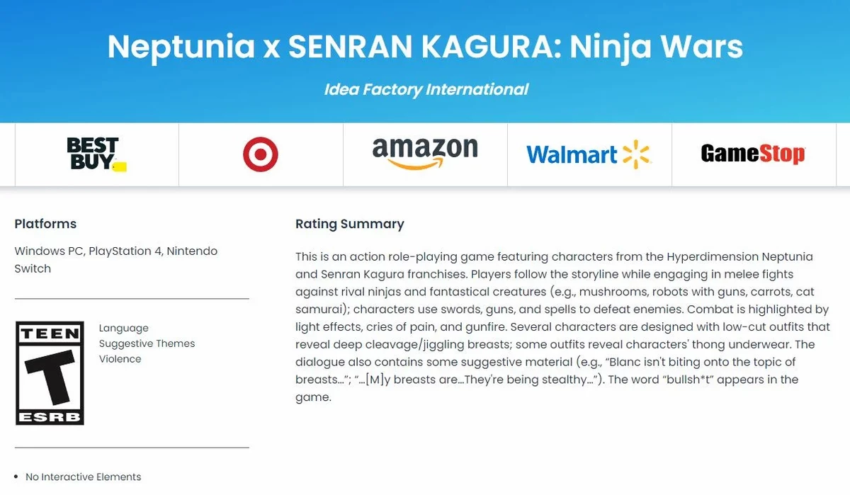 Neptunia x SENRAN KAGURA: Ninja Wars получила рейтинг на ПК и Nintendo Switch Neptunia x SENRAN KAGURA: Ninja Wars получила рейтинг на ПК и Nintendo Switch