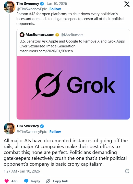 Тим Суини вступился за X (Twitter): Запреты из-за ИИ-порно — это лишь прикрытие для цензуры Тим Суини вступился за X (Twitter): Запреты из-за ИИ-порно — это лишь прикрытие для цензуры