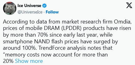 Смартфоны подорожают из-за взрывного роста цен на DRAM и NAND на 70-100%
